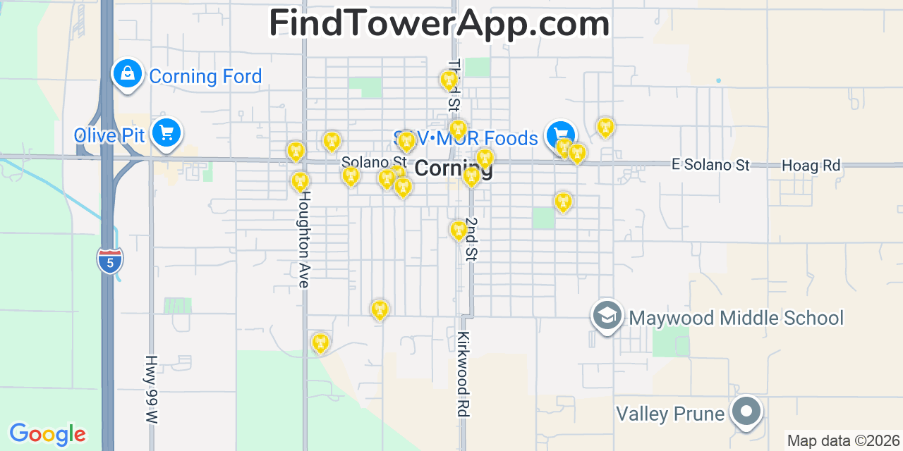 Map showing the 20 primary cell tower locations detected in Corning, California from AT&T, Verizon, and T-Mobile networks