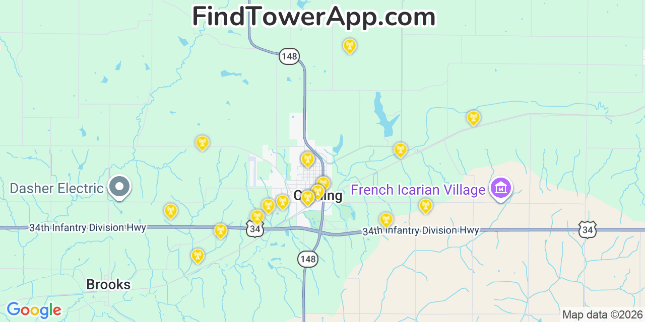 Map showing the 20 primary cell tower locations detected in Corning, Iowa from AT&T, Verizon, and T-Mobile networks