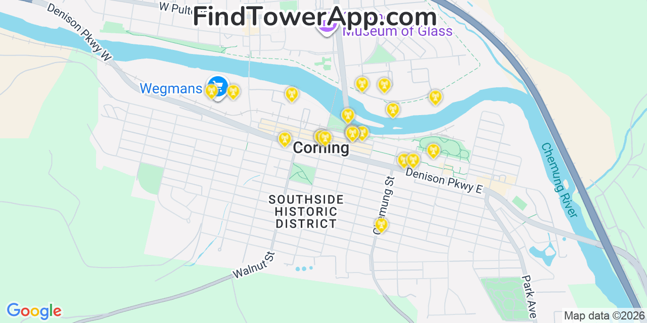 Map showing the 20 primary cell tower locations detected in Corning, New York from AT&T, Verizon, and T-Mobile networks
