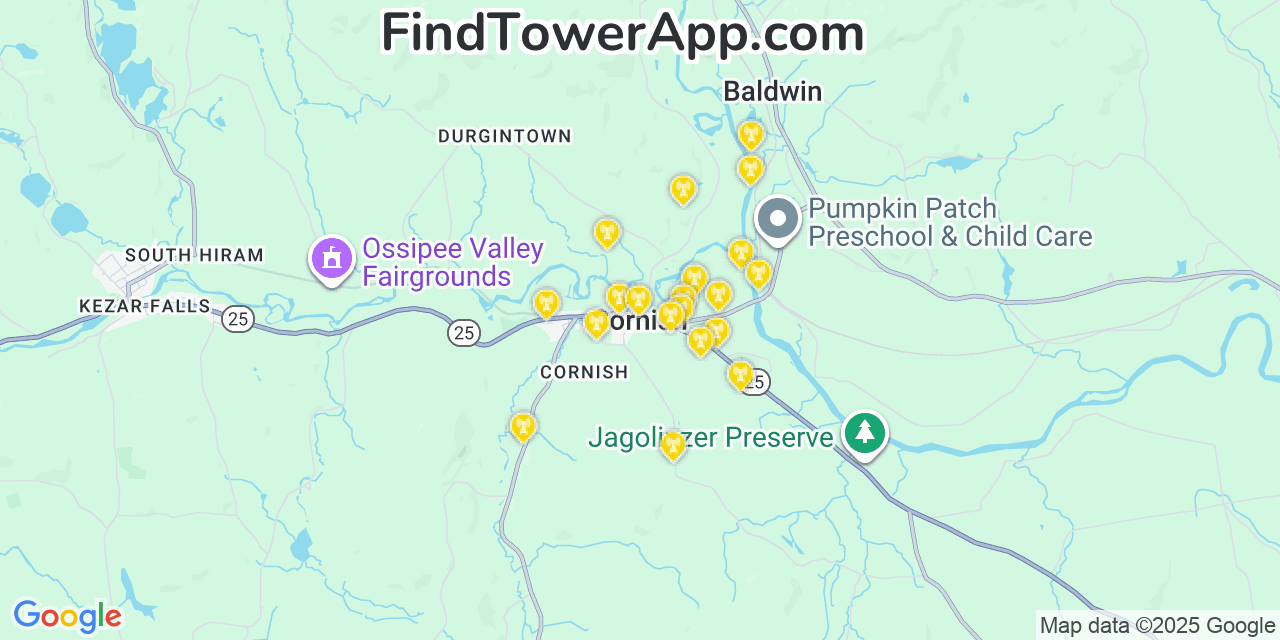 Map showing the 20 primary cell tower locations detected in Cornish, Maine from AT&T, Verizon, and T-Mobile networks