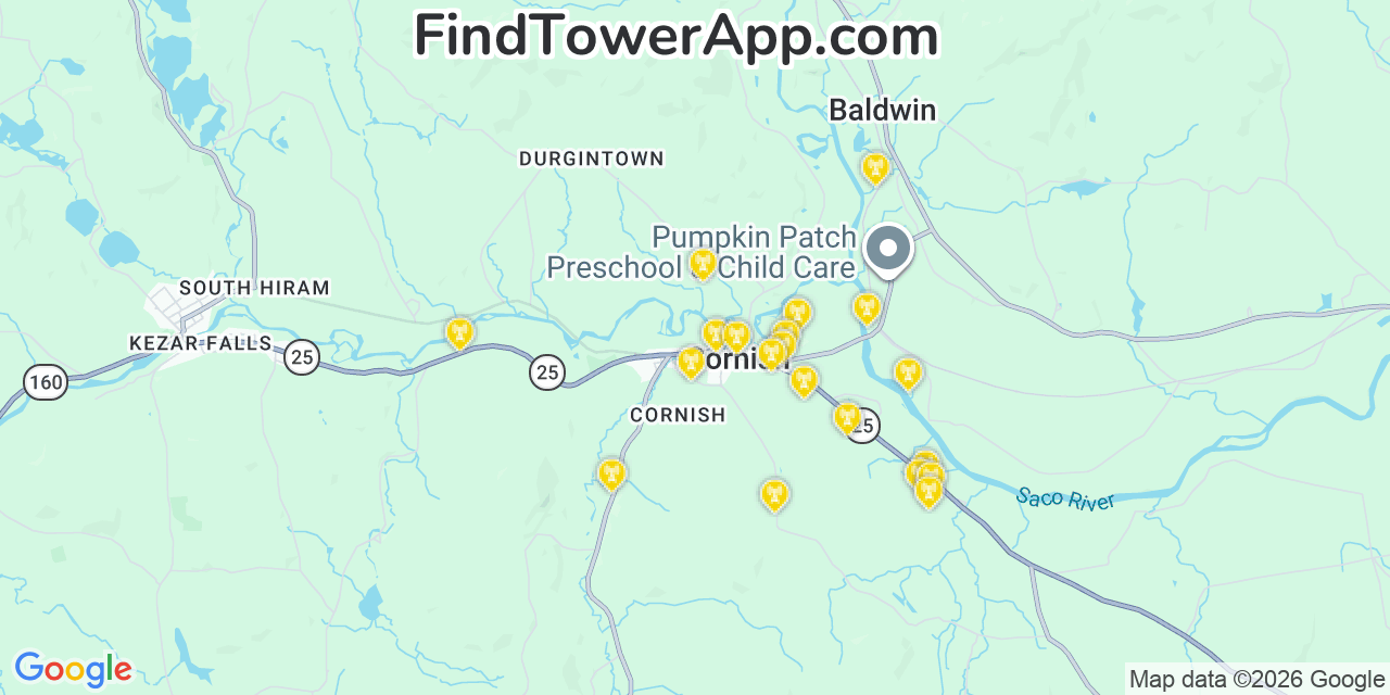 Map showing the 20 primary cell tower locations detected in Cornish, Maine from AT&T, Verizon, and T-Mobile networks
