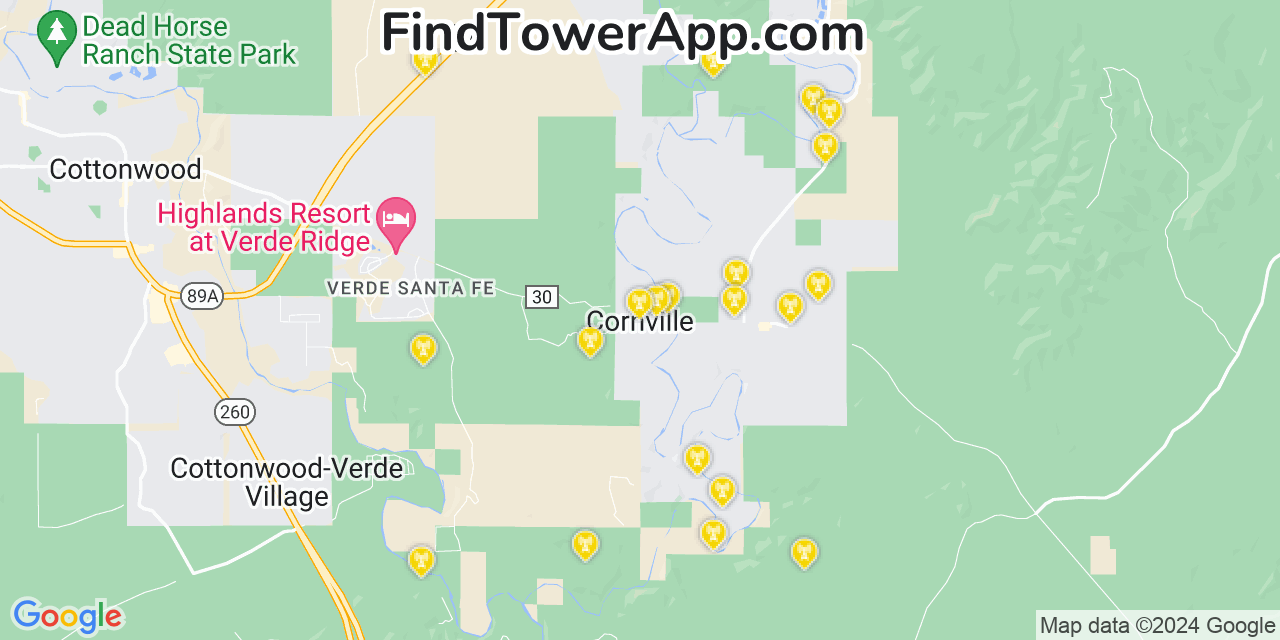 AT&T 4G/5G cell tower coverage map Cornville, Arizona