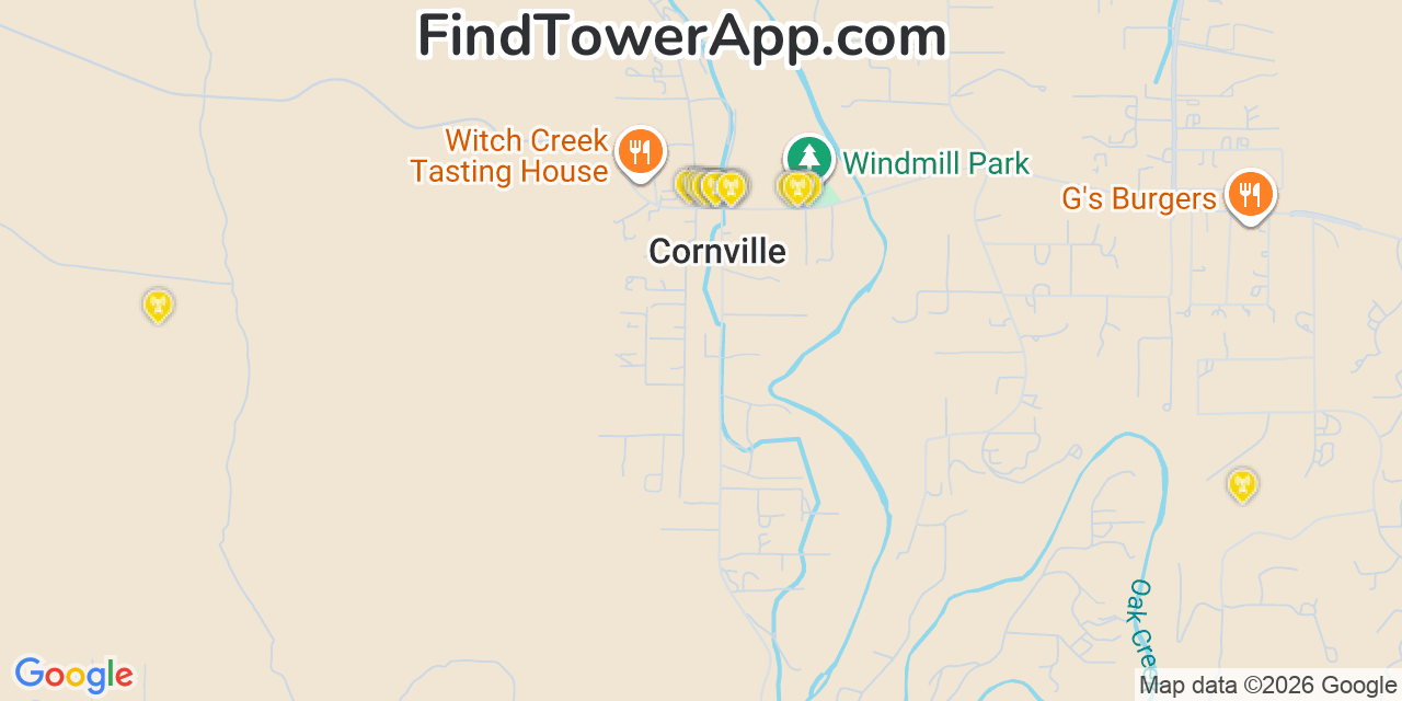 Map showing the 20 primary cell tower locations detected in Cornville, Arizona from AT&T, Verizon, and T-Mobile networks