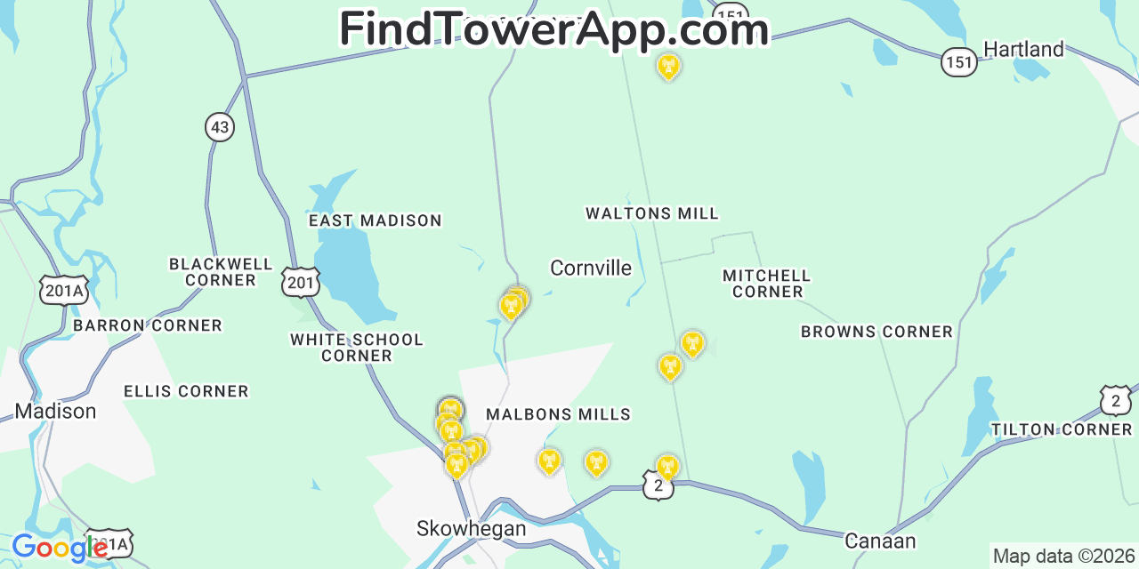Map showing the 20 primary cell tower locations detected in Cornville, Maine from AT&T, Verizon, and T-Mobile networks