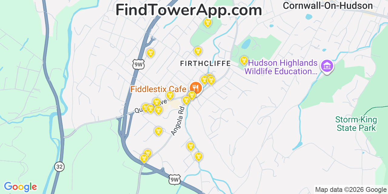 Map showing the 20 primary cell tower locations detected in Cornwall, New York from AT&T, Verizon, and T-Mobile networks