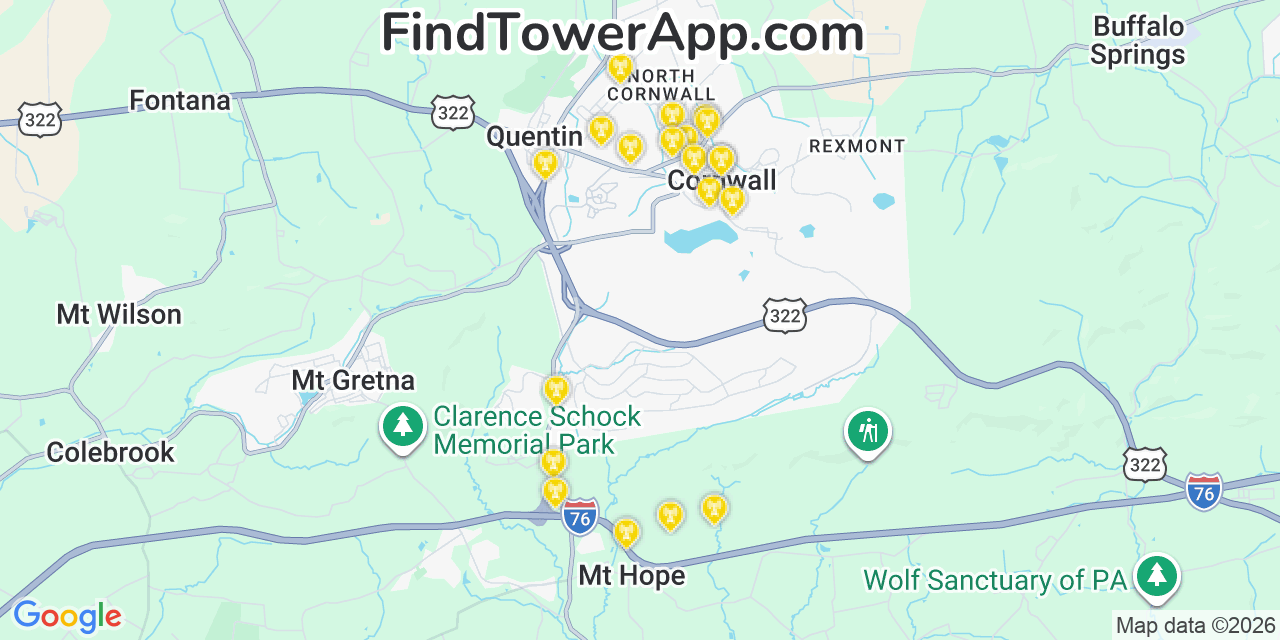 Map showing the 20 primary cell tower locations detected in Cornwall, Pennsylvania from AT&T, Verizon, and T-Mobile networks