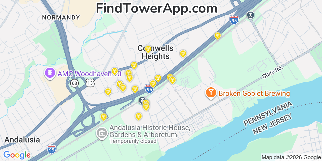 Map showing the 20 primary cell tower locations detected in Cornwells Heights, Pennsylvania from AT&T, Verizon, and T-Mobile networks