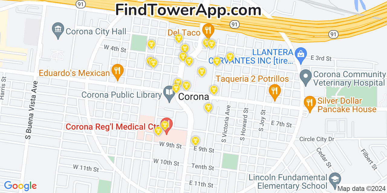 AT&T 4G/5G cell tower coverage map Corona, California