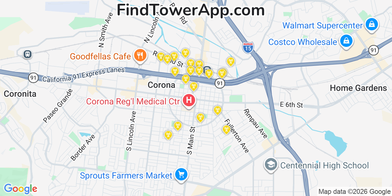 Map showing the 20 primary cell tower locations detected in Corona, California from AT&T, Verizon, and T-Mobile networks