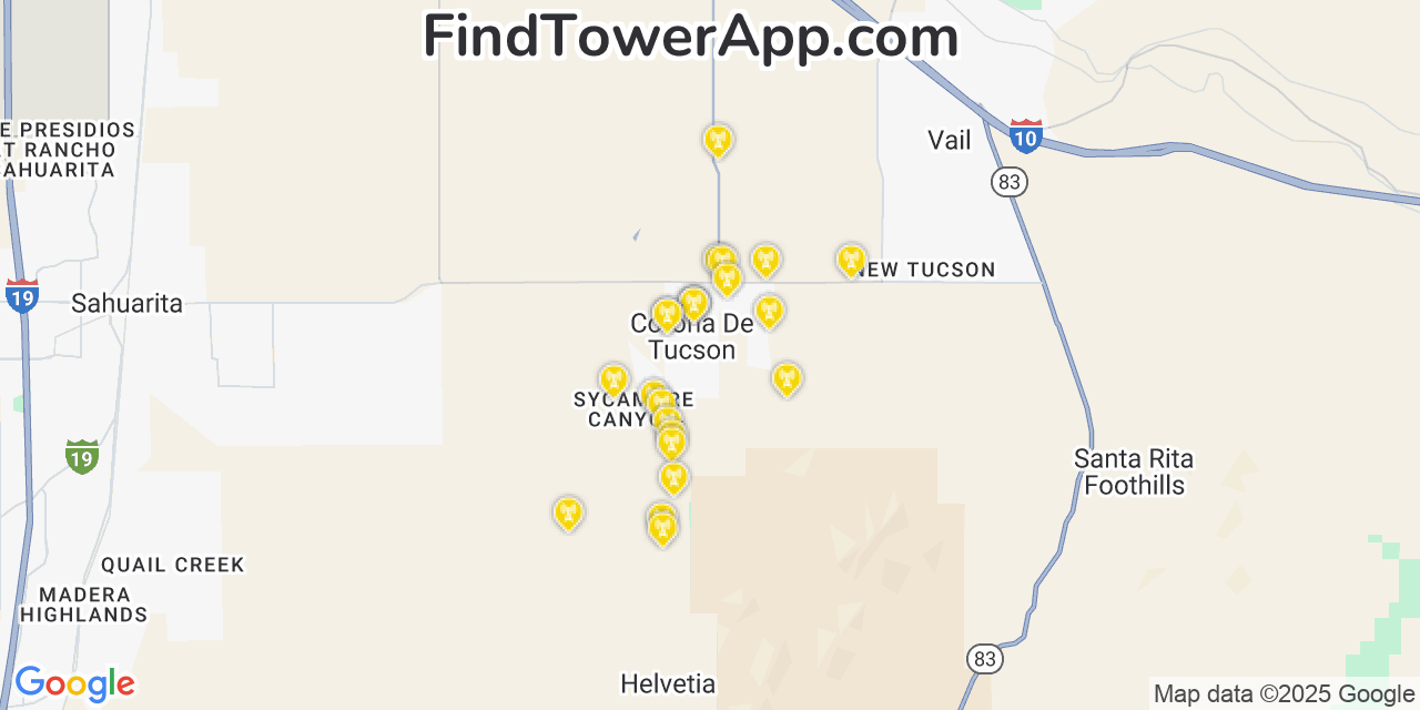 Map showing the 23 primary AT&T cell tower locations detected in Corona De Tucson, Arizona with coverage radius and signal strength indicators