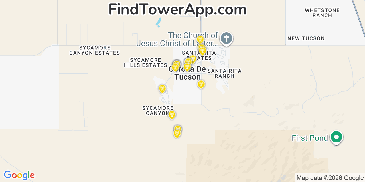 Map showing the 20 primary cell tower locations detected in Corona De Tucson, Arizona from AT&T, Verizon, and T-Mobile networks