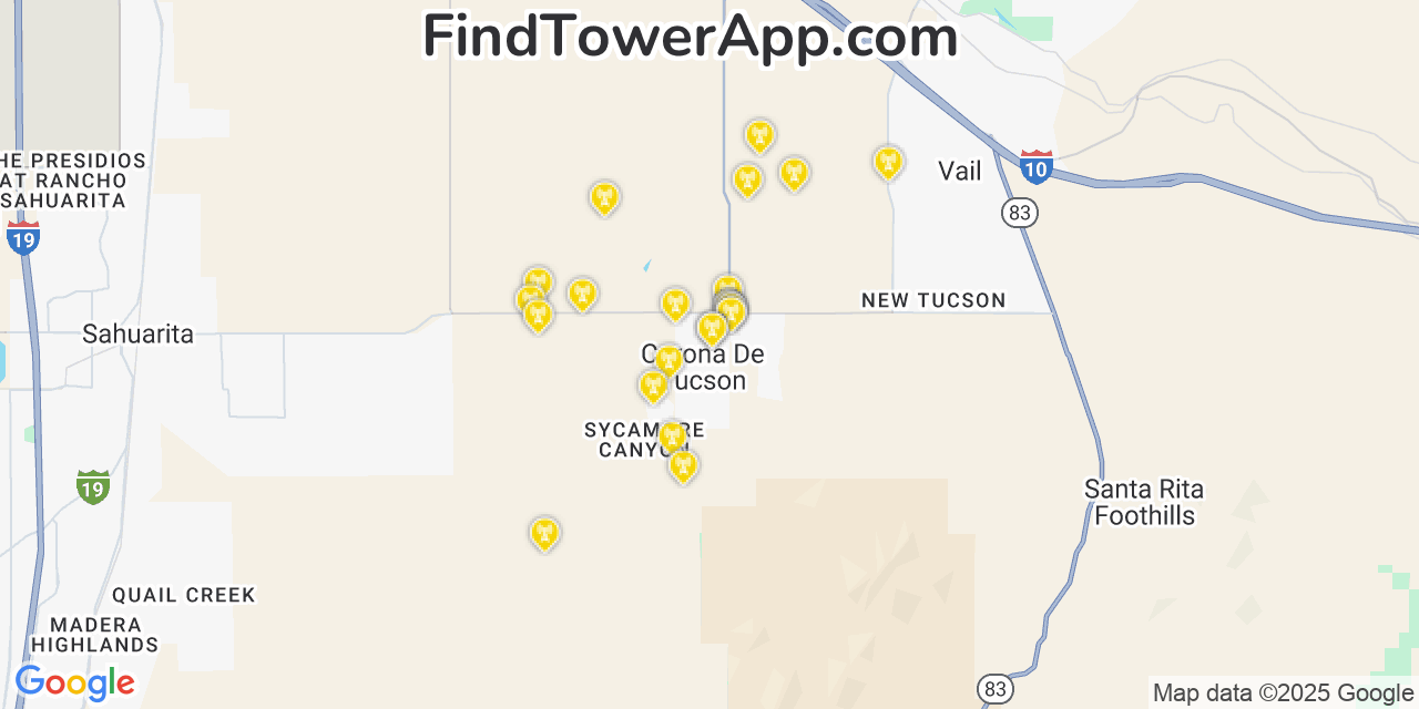 Map showing the 24 primary T-Mobile cell tower locations detected in Corona De Tucson, Arizona with coverage radius and signal strength indicators