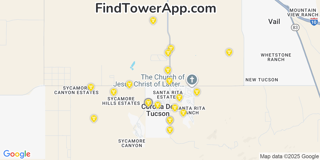 Map showing the 26 primary Verizon cell tower locations detected in Corona De Tucson, Arizona with coverage radius and signal strength indicators