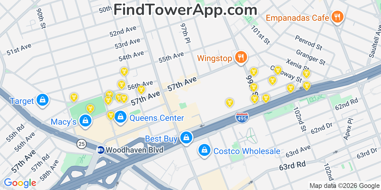 Map showing the 20 primary cell tower locations detected in Corona, New York from AT&T, Verizon, and T-Mobile networks