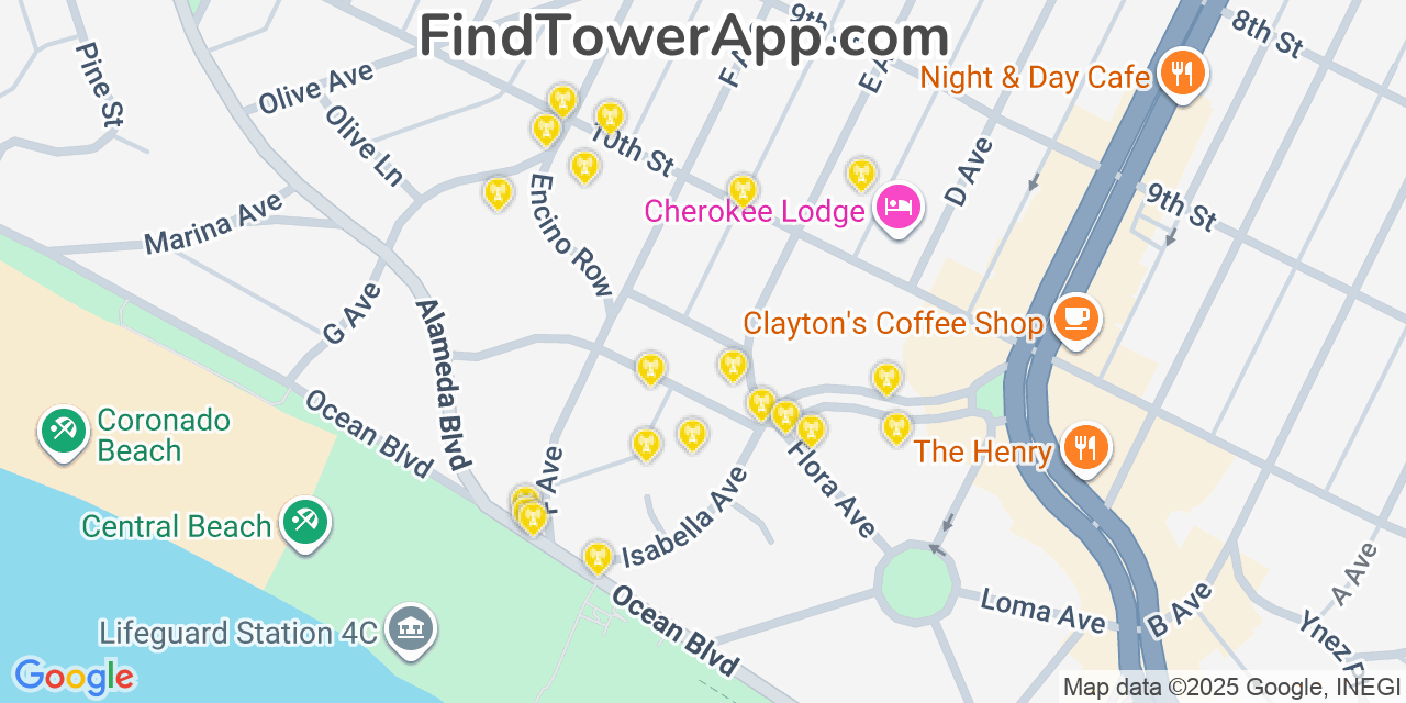 Map showing the 20 primary cell tower locations detected in Coronado, California from AT&T, Verizon, and T-Mobile networks