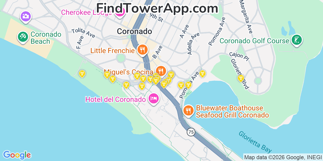 Map showing the 20 primary cell tower locations detected in Coronado, California from AT&T, Verizon, and T-Mobile networks