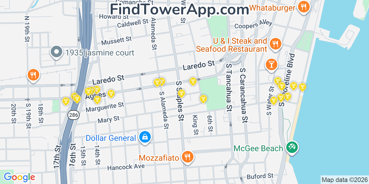 Map showing the 20 primary cell tower locations detected in Corpus Christi, Texas from AT&T, Verizon, and T-Mobile networks