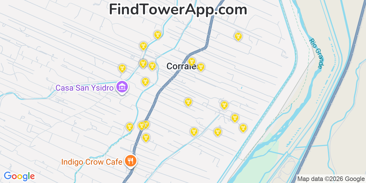 Map showing the 20 primary cell tower locations detected in Corrales, New Mexico from AT&T, Verizon, and T-Mobile networks