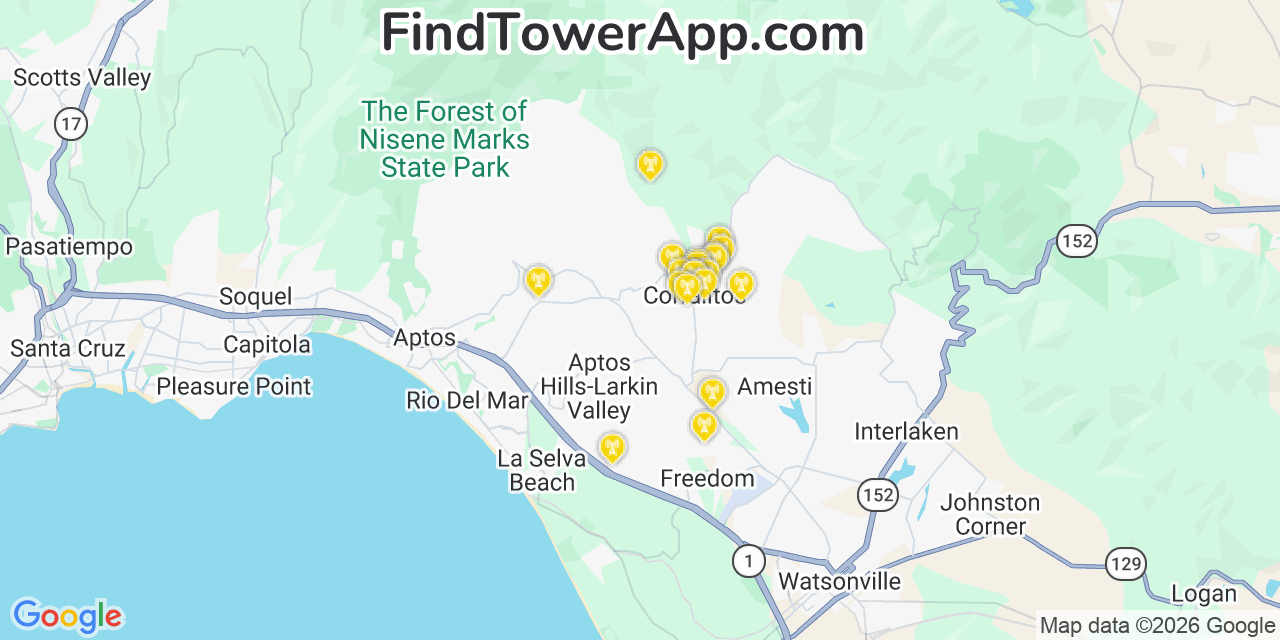 Map showing the 20 primary cell tower locations detected in Corralitos, California from AT&T, Verizon, and T-Mobile networks