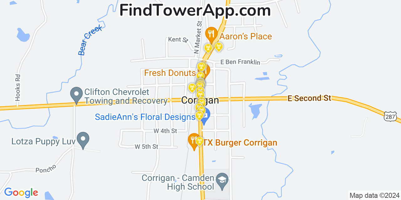 AT&T 4G/5G cell tower coverage map Corrigan, Texas
