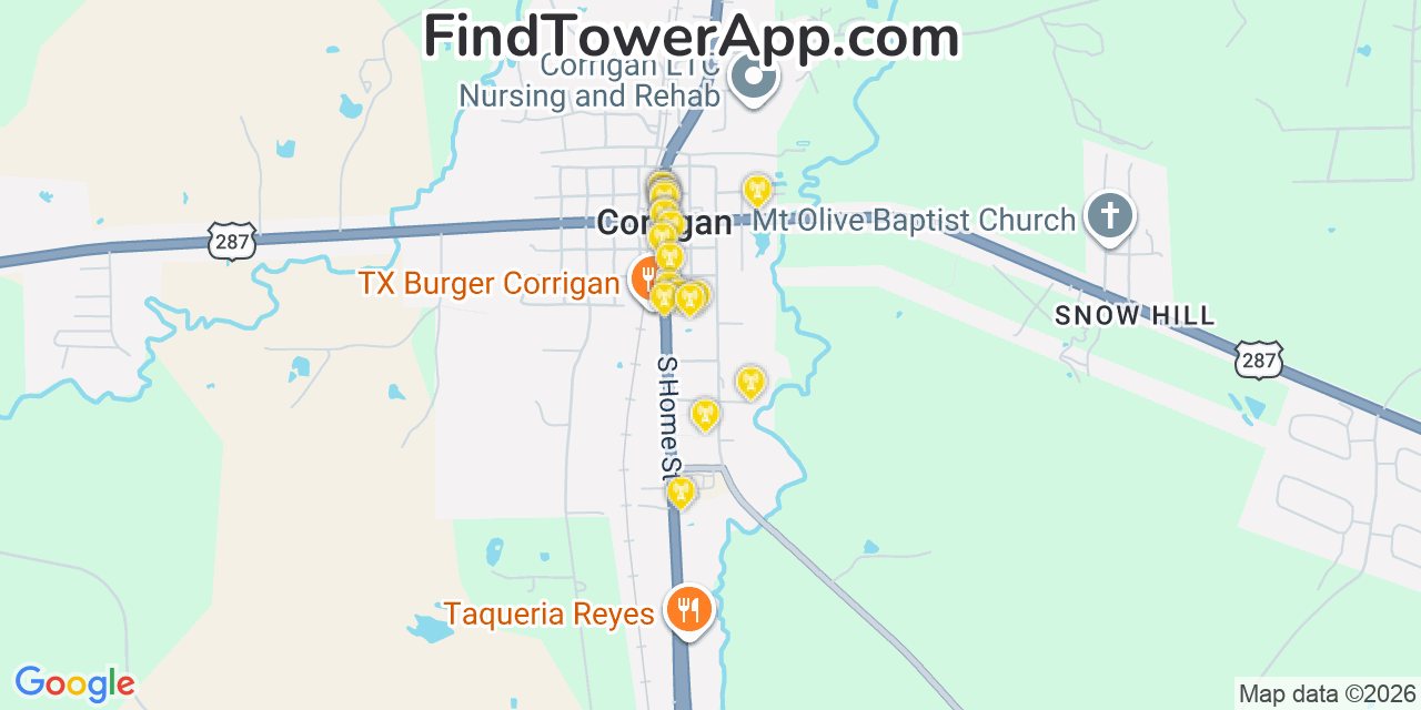 Map showing the 20 primary cell tower locations detected in Corrigan, Texas from AT&T, Verizon, and T-Mobile networks