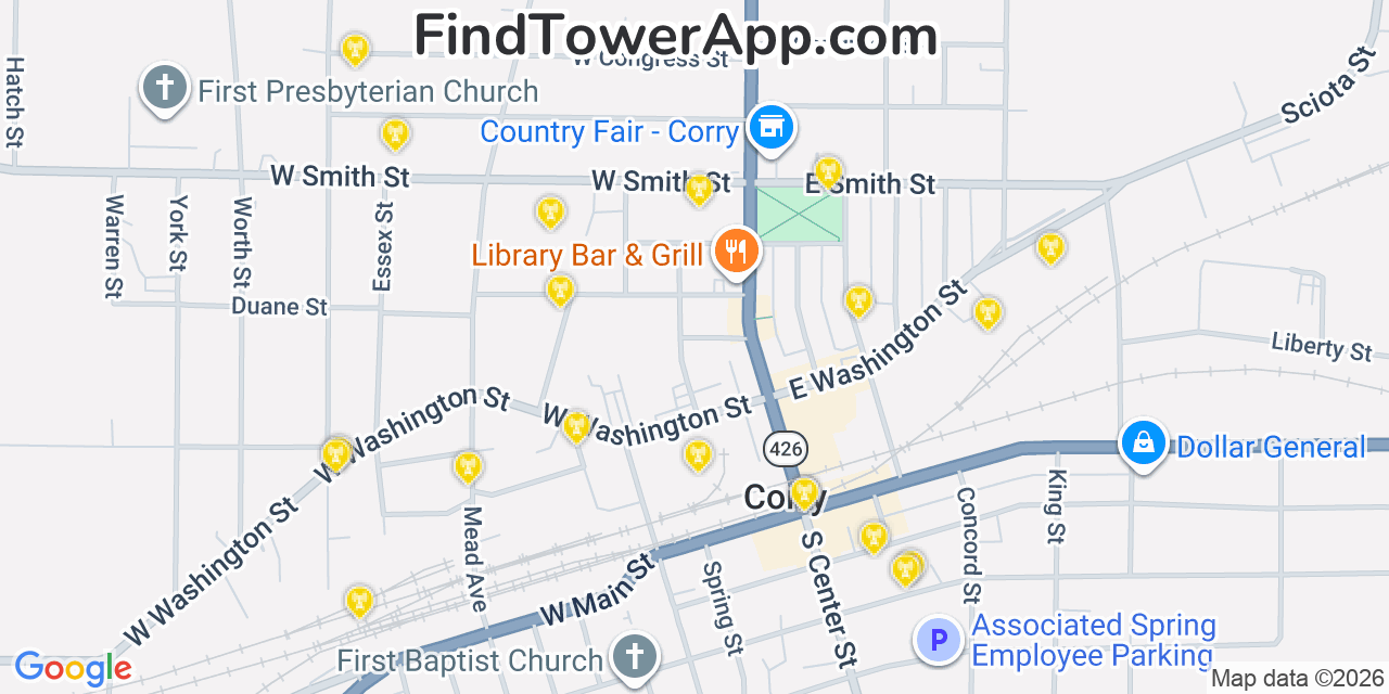 Map showing the 20 primary cell tower locations detected in Corry, Pennsylvania from AT&T, Verizon, and T-Mobile networks