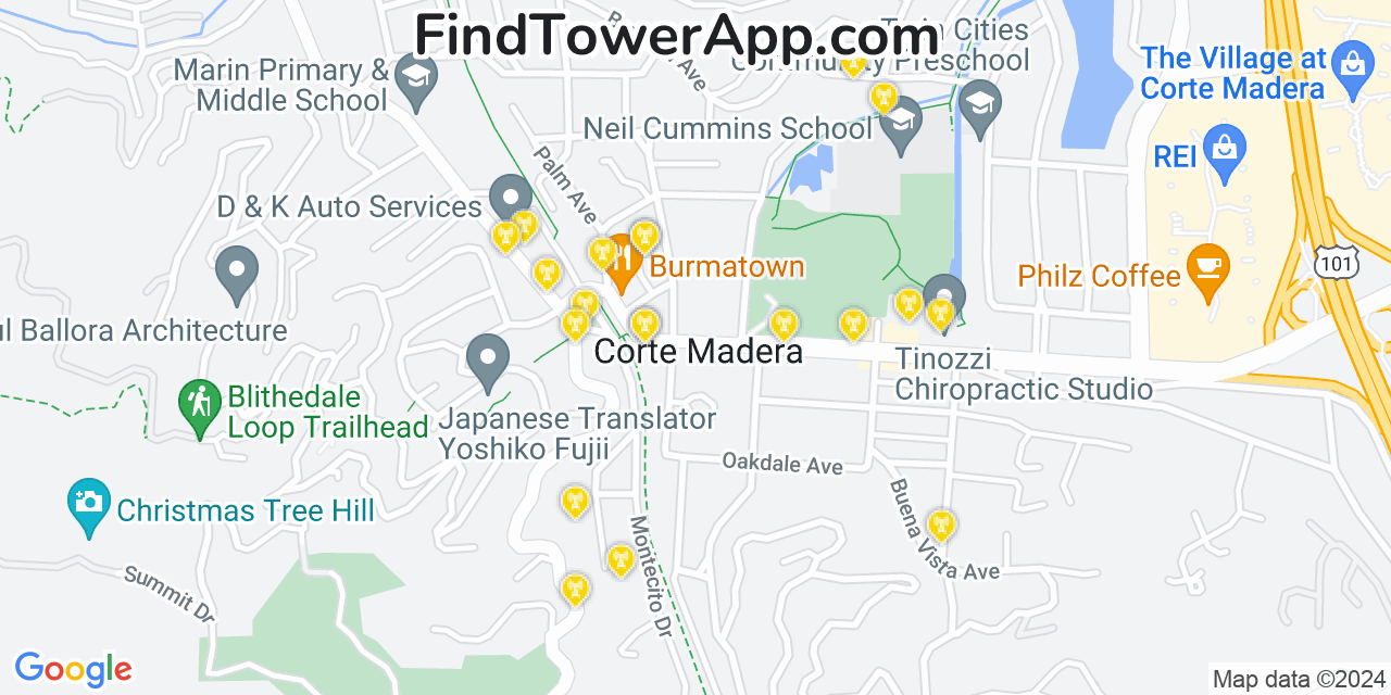 AT&T 4G/5G cell tower coverage map Corte Madera, California