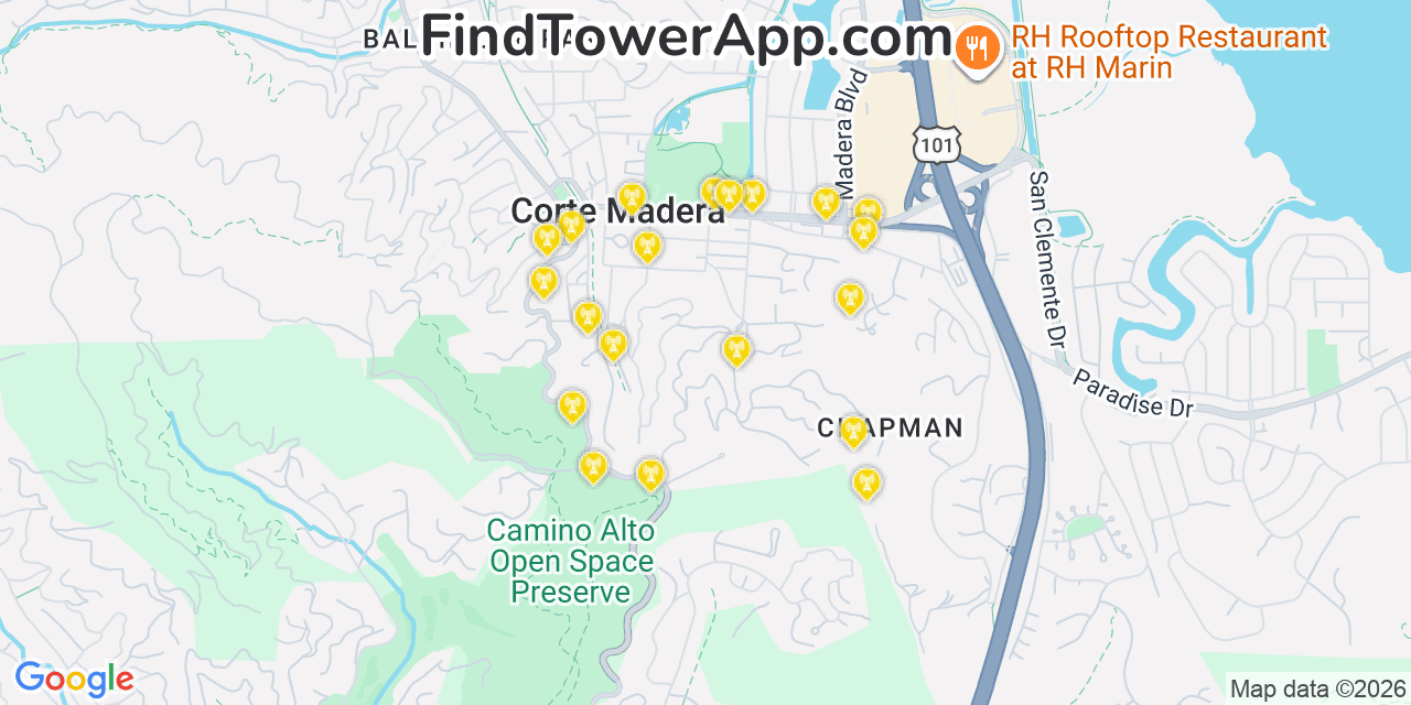 Map showing the 20 primary cell tower locations detected in Corte Madera, California from AT&T, Verizon, and T-Mobile networks