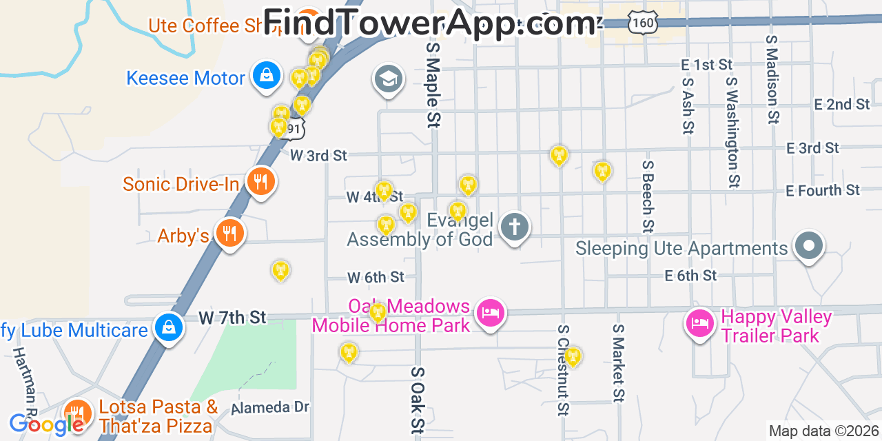 Map showing the 20 primary cell tower locations detected in Cortez, Colorado from AT&T, Verizon, and T-Mobile networks