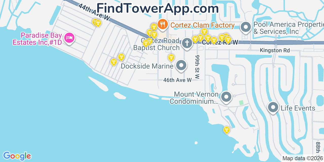 Map showing the 20 primary cell tower locations detected in Cortez, Florida from AT&T, Verizon, and T-Mobile networks