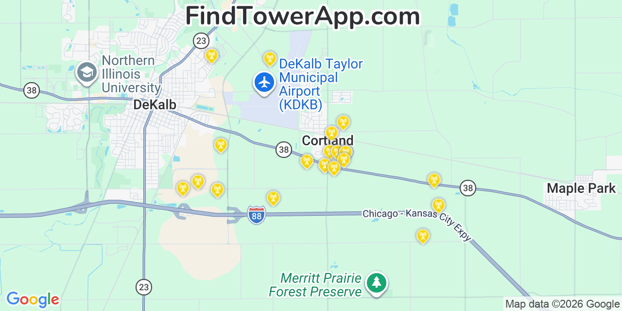 Map showing the 20 primary cell tower locations detected in Cortland, Illinois from AT&T, Verizon, and T-Mobile networks