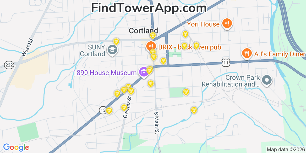 Map showing the 20 primary cell tower locations detected in Cortland, New York from AT&T, Verizon, and T-Mobile networks