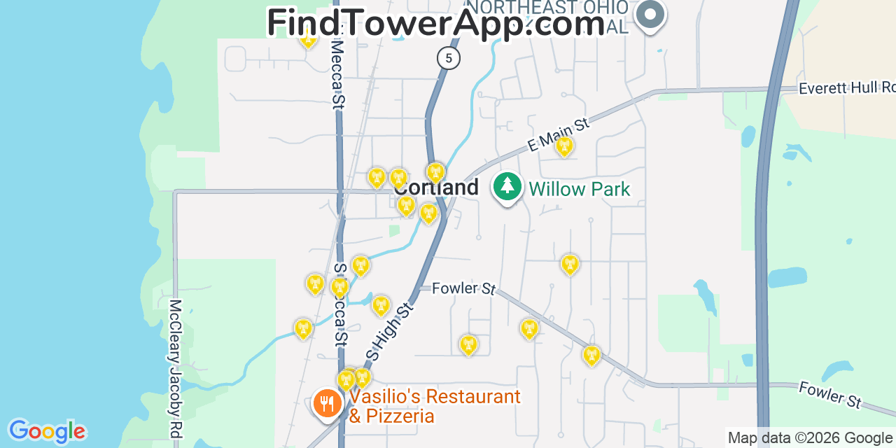 Map showing the 20 primary cell tower locations detected in Cortland, Ohio from AT&T, Verizon, and T-Mobile networks