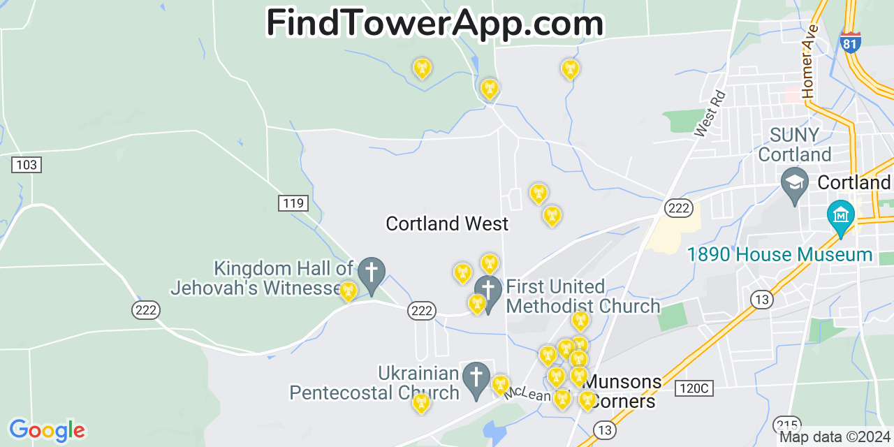 AT&T 4G/5G cell tower coverage map Cortland West, New York