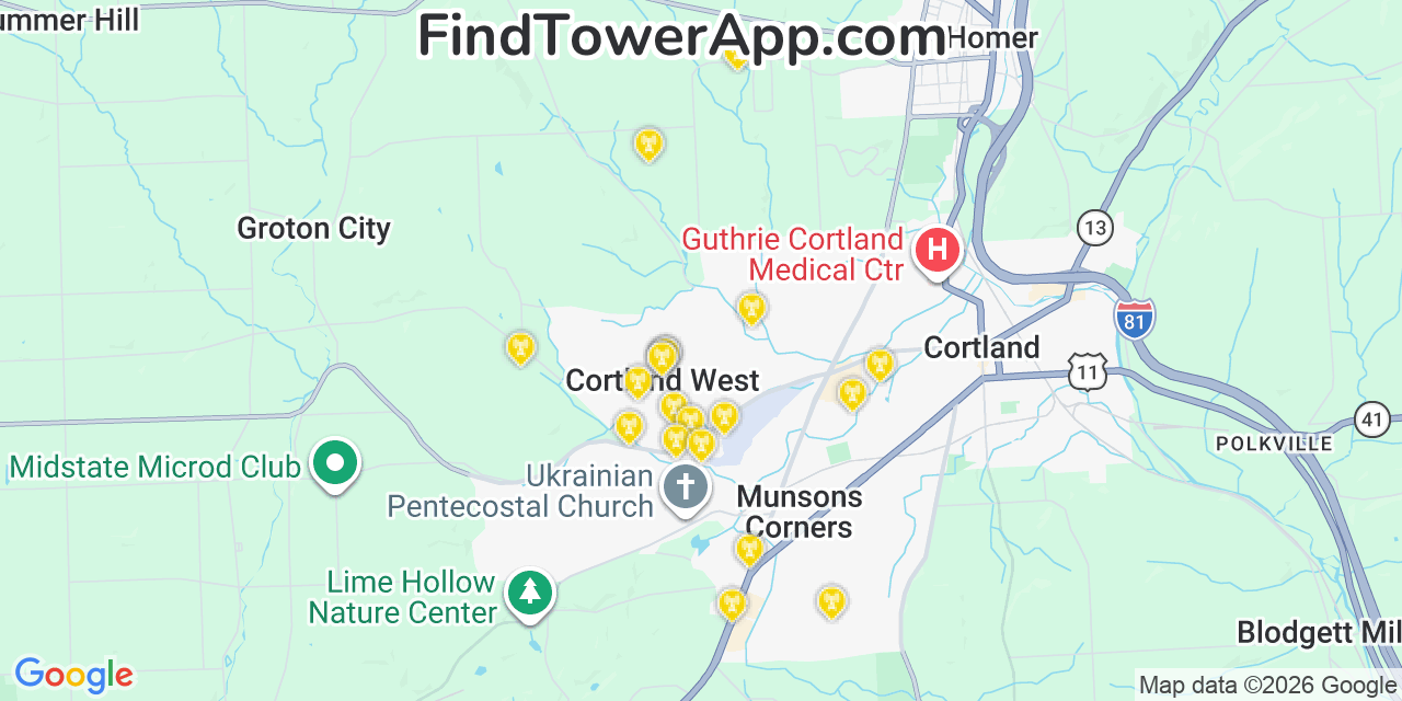 Map showing the 20 primary cell tower locations detected in Cortland West, New York from AT&T, Verizon, and T-Mobile networks