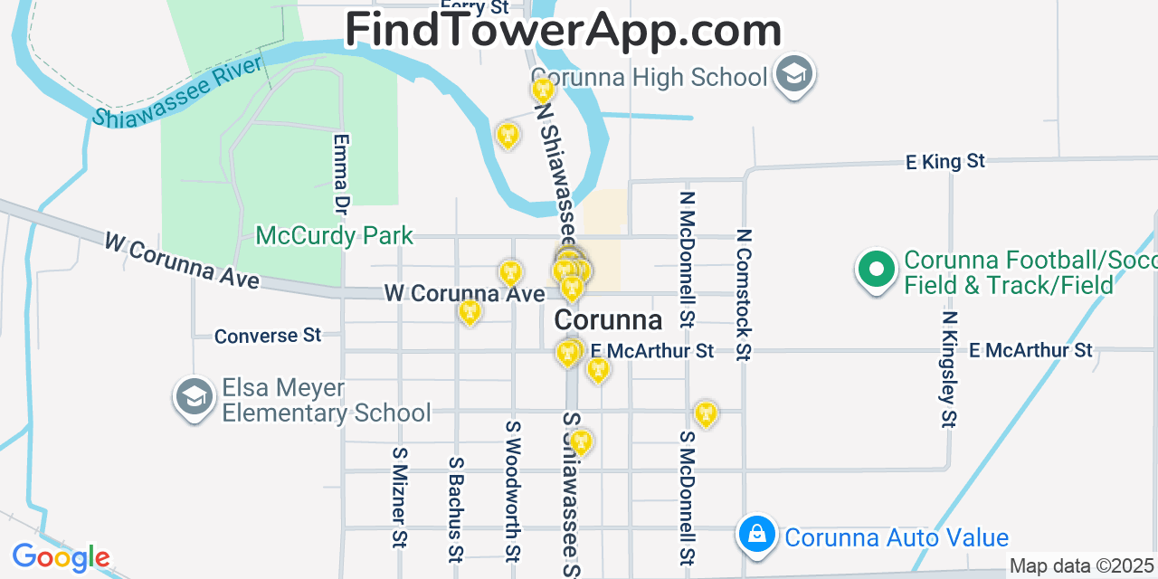 Map showing the 20 primary cell tower locations detected in Corunna, Michigan from AT&T, Verizon, and T-Mobile networks