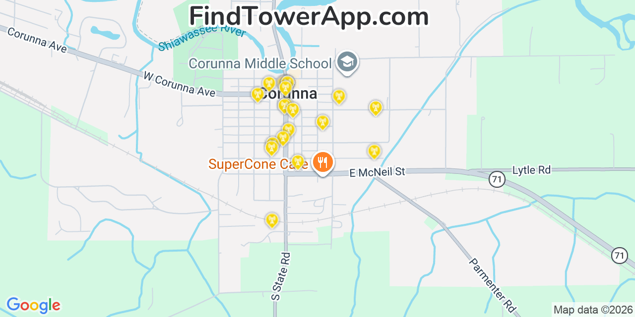 Map showing the 20 primary cell tower locations detected in Corunna, Michigan from AT&T, Verizon, and T-Mobile networks