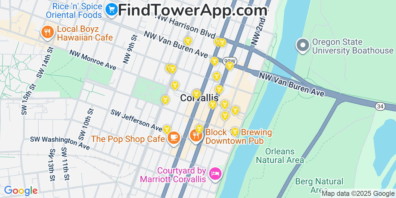 Map showing the 20 primary cell tower locations detected in Corvallis, Oregon from AT&T, Verizon, and T-Mobile networks