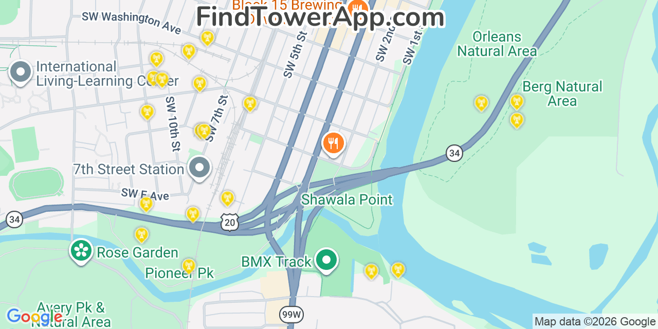 Map showing the 20 primary cell tower locations detected in Corvallis, Oregon from AT&T, Verizon, and T-Mobile networks