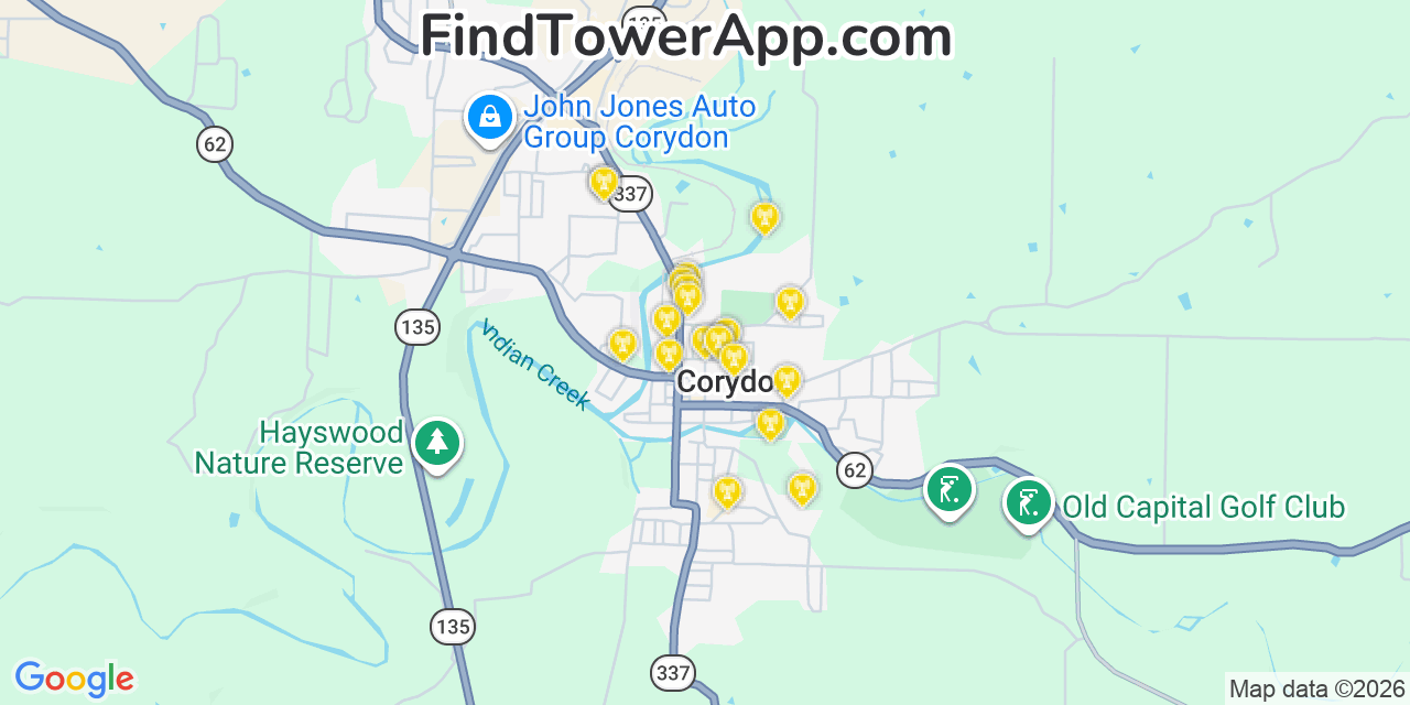 Map showing the 20 primary cell tower locations detected in Corydon, Indiana from AT&T, Verizon, and T-Mobile networks