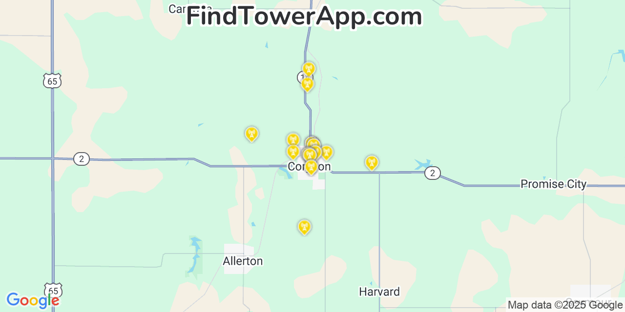 Map showing the 20 primary cell tower locations detected in Corydon, Iowa from AT&T, Verizon, and T-Mobile networks
