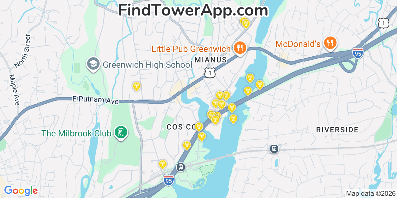 Map showing the 20 primary cell tower locations detected in Cos Cob, Connecticut from AT&T, Verizon, and T-Mobile networks