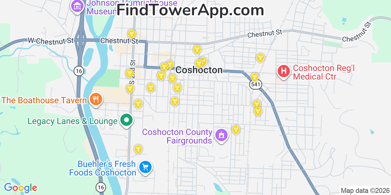 Map showing the 20 primary cell tower locations detected in Coshocton, Ohio from AT&T, Verizon, and T-Mobile networks