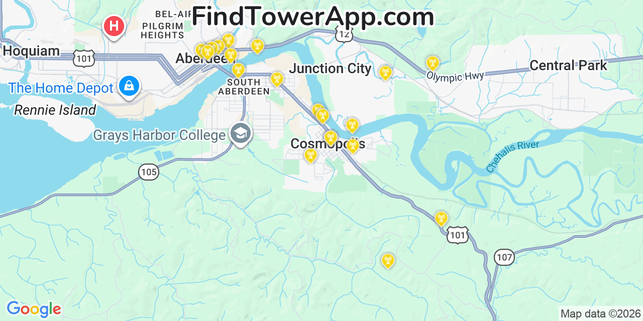 Map showing the 20 primary cell tower locations detected in Cosmopolis, Washington from AT&T, Verizon, and T-Mobile networks