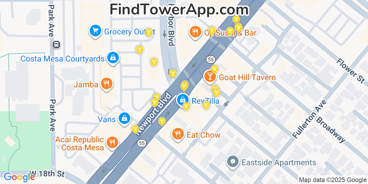 Map showing the 20 primary cell tower locations detected in Costa Mesa, California from AT&T, Verizon, and T-Mobile networks