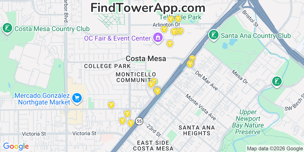 Map showing the 20 primary cell tower locations detected in Costa Mesa, California from AT&T, Verizon, and T-Mobile networks