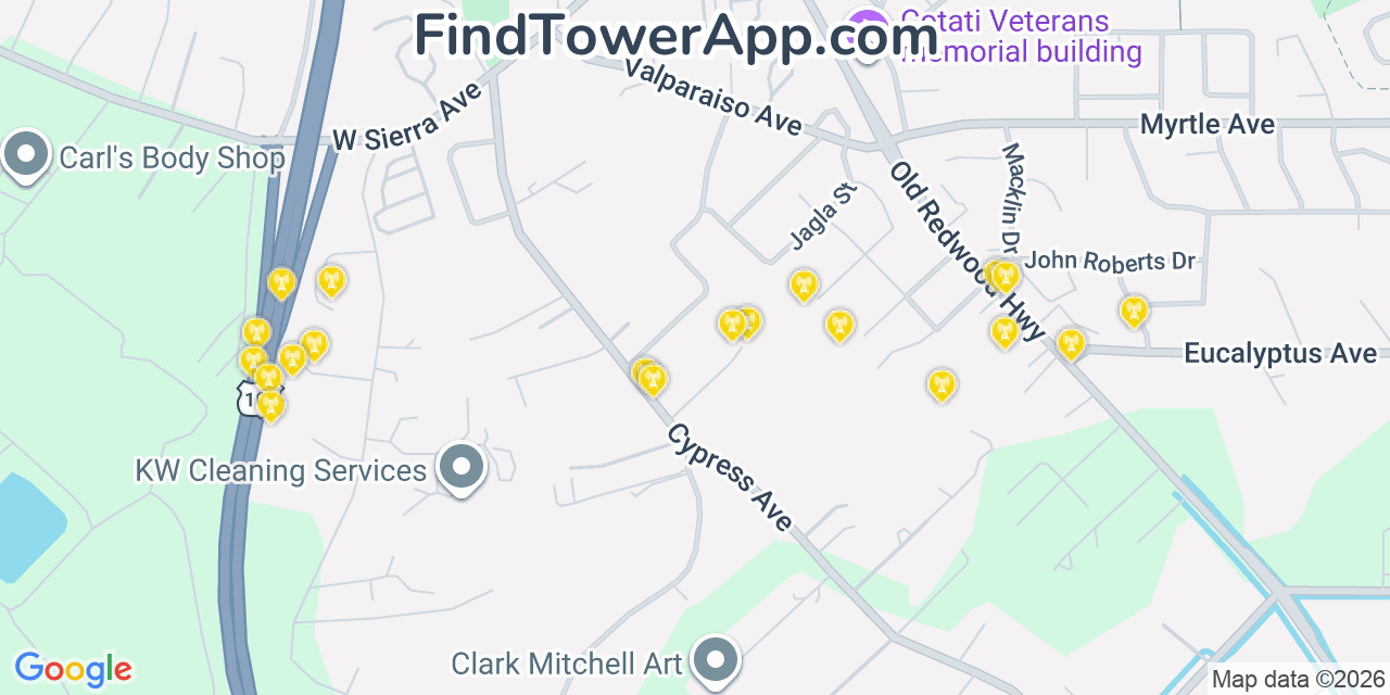 Map showing the 20 primary cell tower locations detected in Cotati, California from AT&T, Verizon, and T-Mobile networks