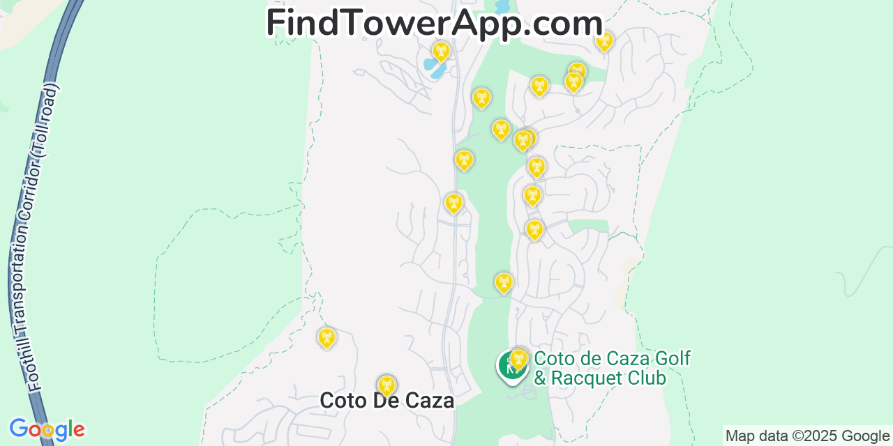 Map showing the 20 primary cell tower locations detected in Coto De Caza, California from AT&T, Verizon, and T-Mobile networks