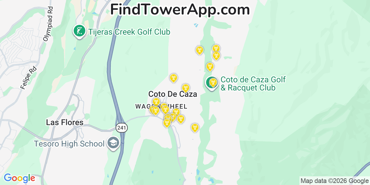 Map showing the 20 primary cell tower locations detected in Coto De Caza, California from AT&T, Verizon, and T-Mobile networks