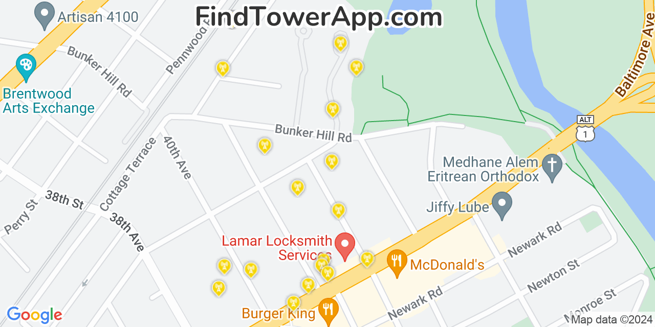 AT&T 4G/5G cell tower coverage map Cottage City, Maryland